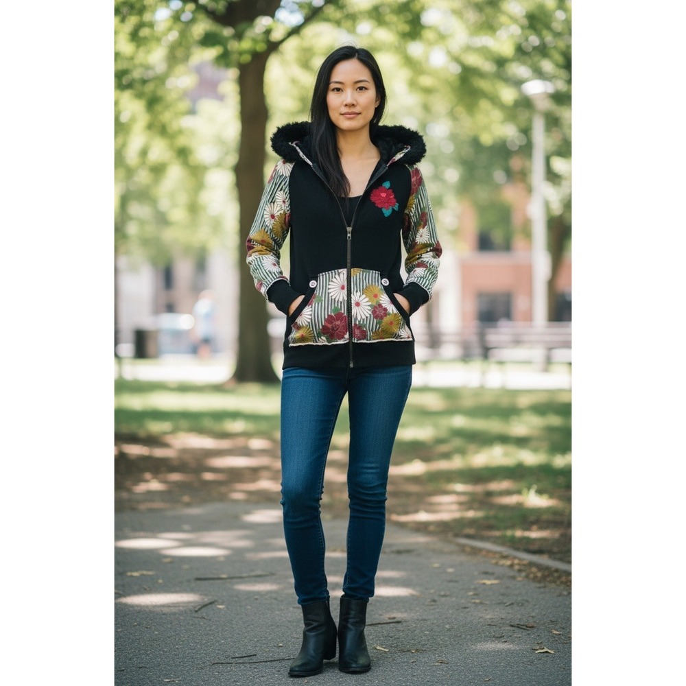 Truth‎ Soul Armor Floral Mixed Media Faux Fur Trim Zip Up Hoodie Black Medium